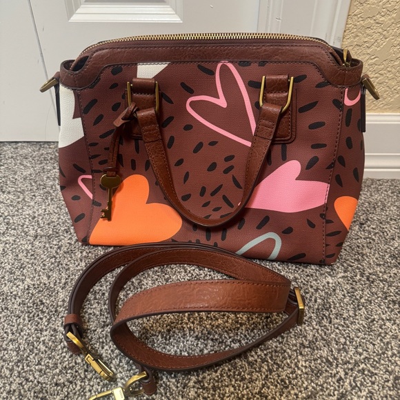 Fossil Jacqueline Satchel Brown Leather Trim Canvas Heart Print Crossbody